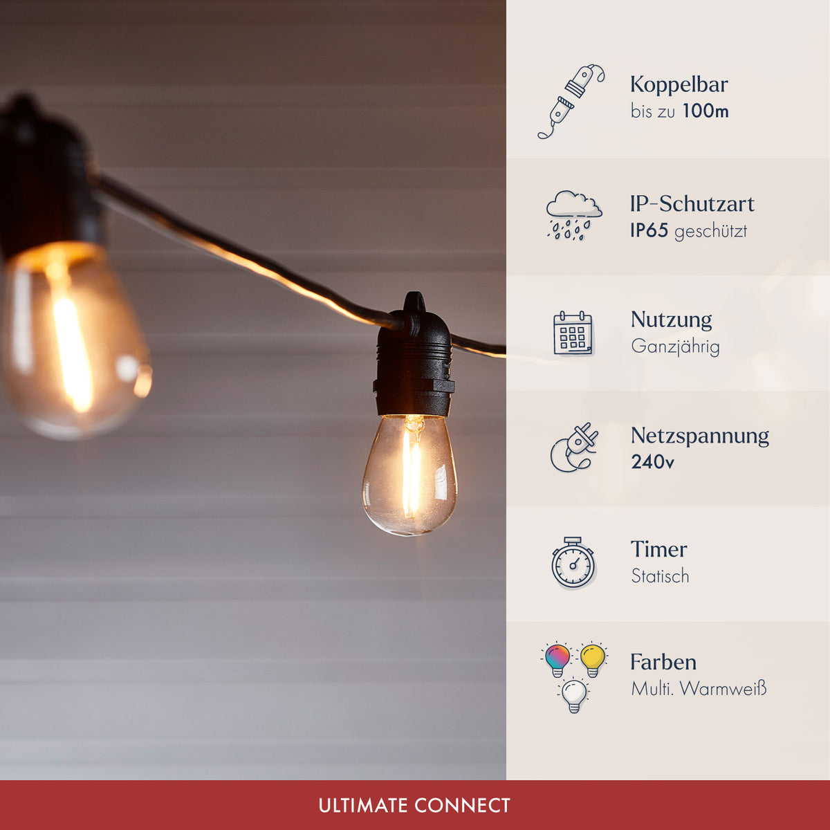 Ultimate Connect 5m 10er LED Lichterkette Glühbirnen warmweiß koppelbar schwarzes Kabel