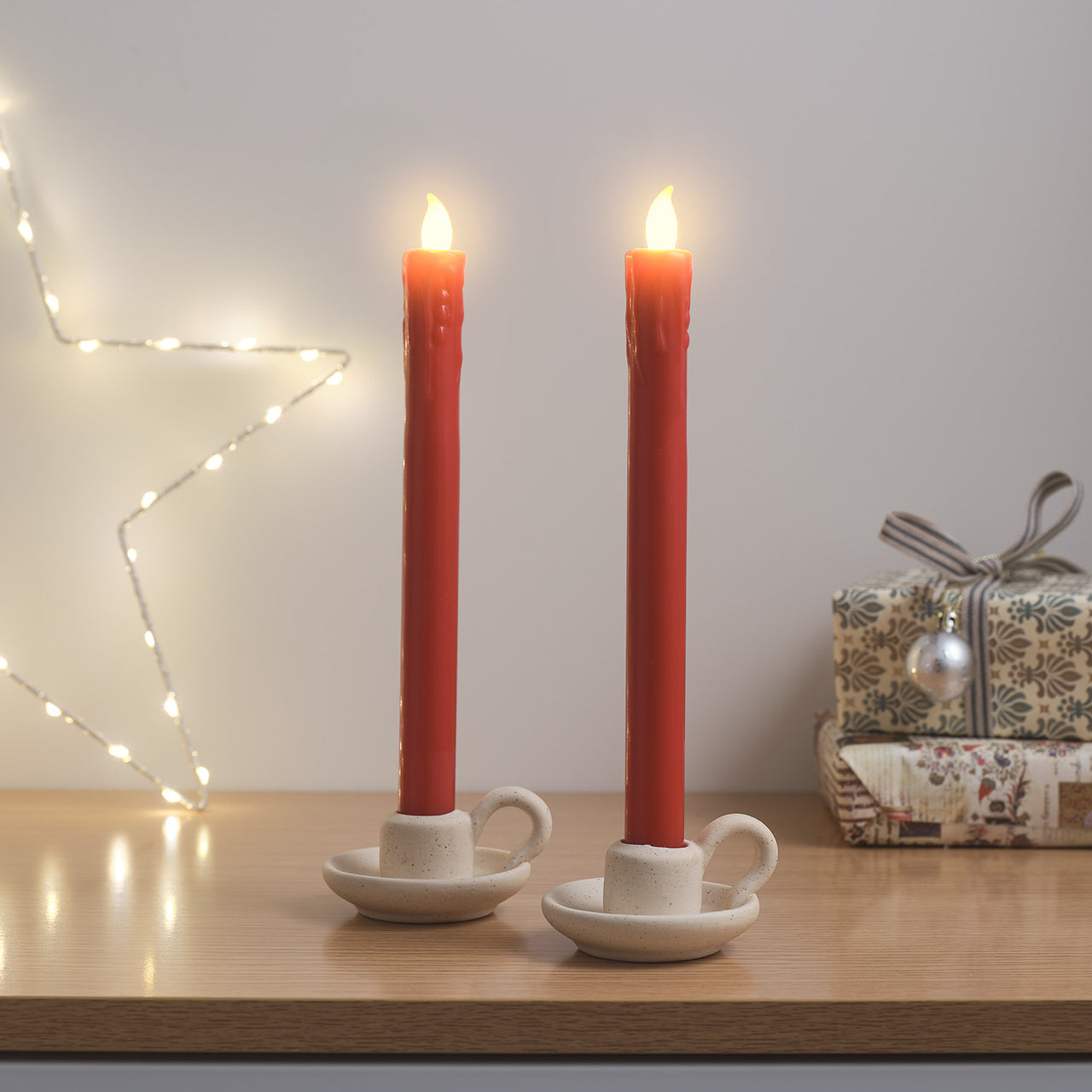 2er Set LED Tafelkerzen Echtwachs Rot mit Fernbedienung