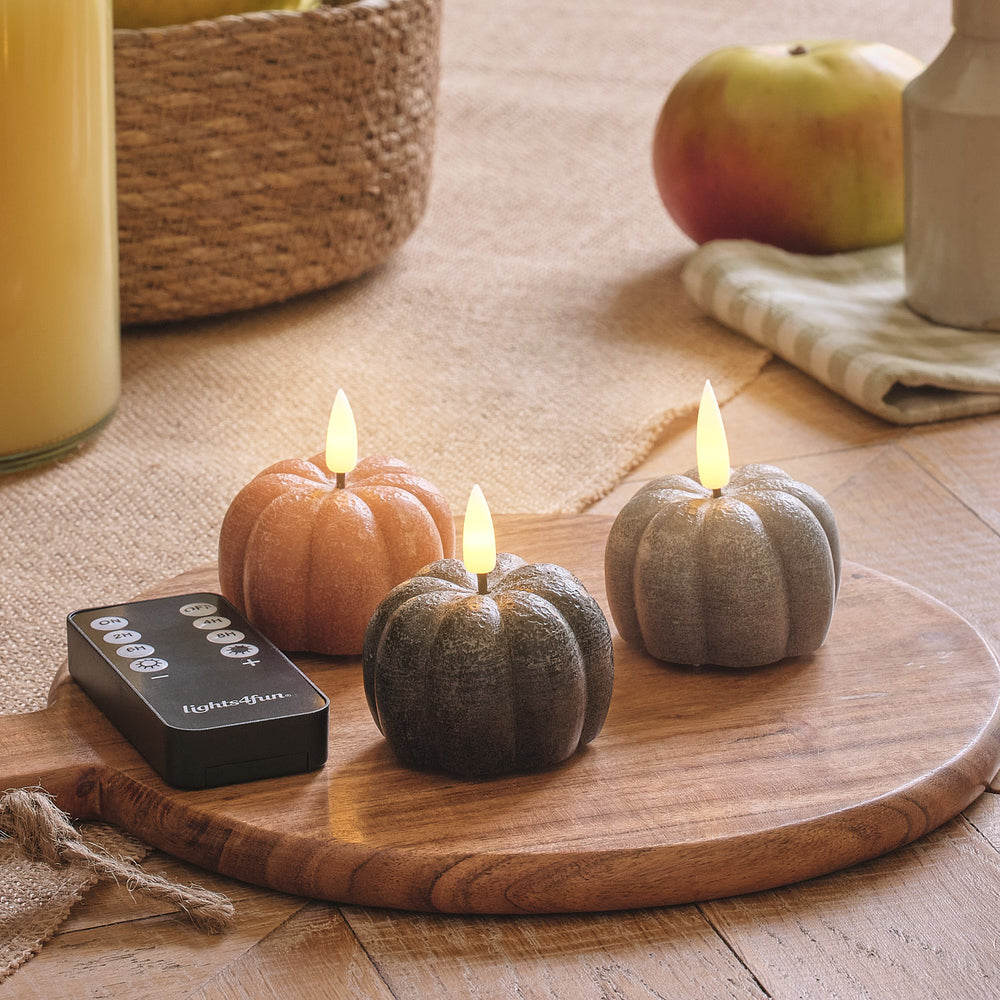 3 Mini TruGlow® LED-Kerzen in Kürbisform im Distressed-Look mit Fernbedienung und Timer