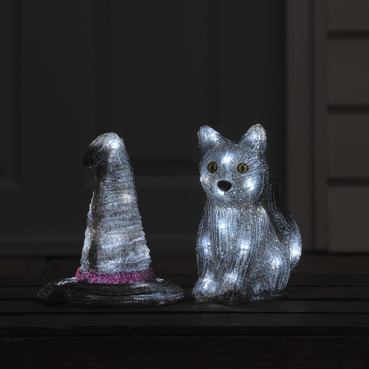 2er Set LED-Halloween-Figuren mit Timer – Hexenhut & Katze „Jet“ beleuchtet 