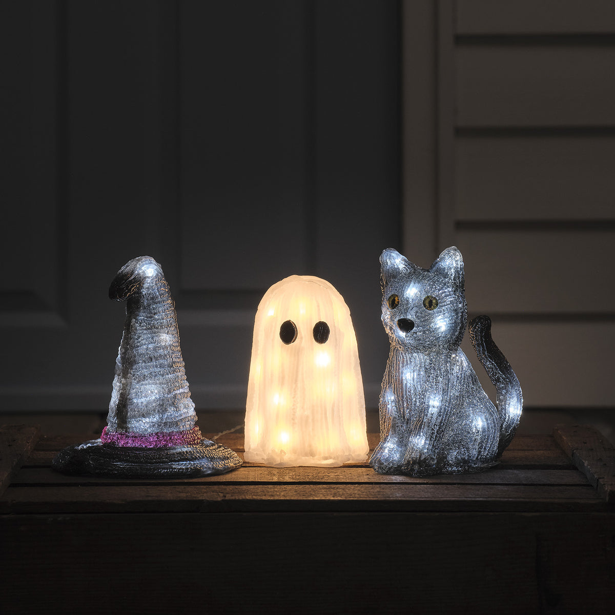 3er Set LED-Halloween-Figuren aus Acryl mit Timer – Geist, Hexenhut & Katze Jet beleuchtet