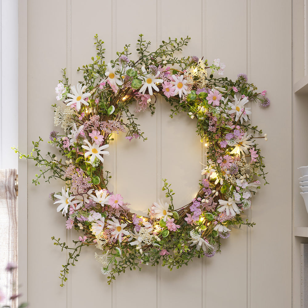 2er Set LED-Blumenkranz & Girlande mit Margeriten in Pastell