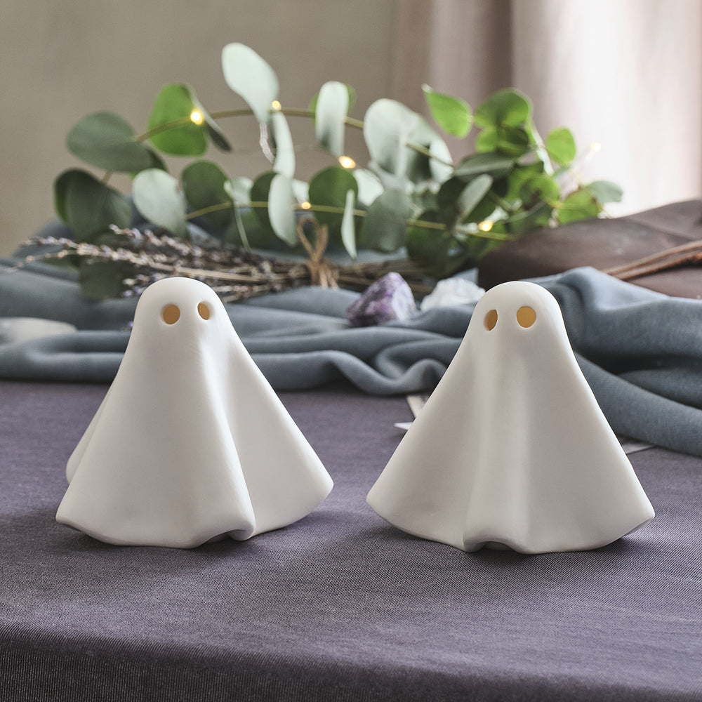 2er Set Gerald LED-Halloween-Geister aus Porzellan in Weiß unbeleuchtet