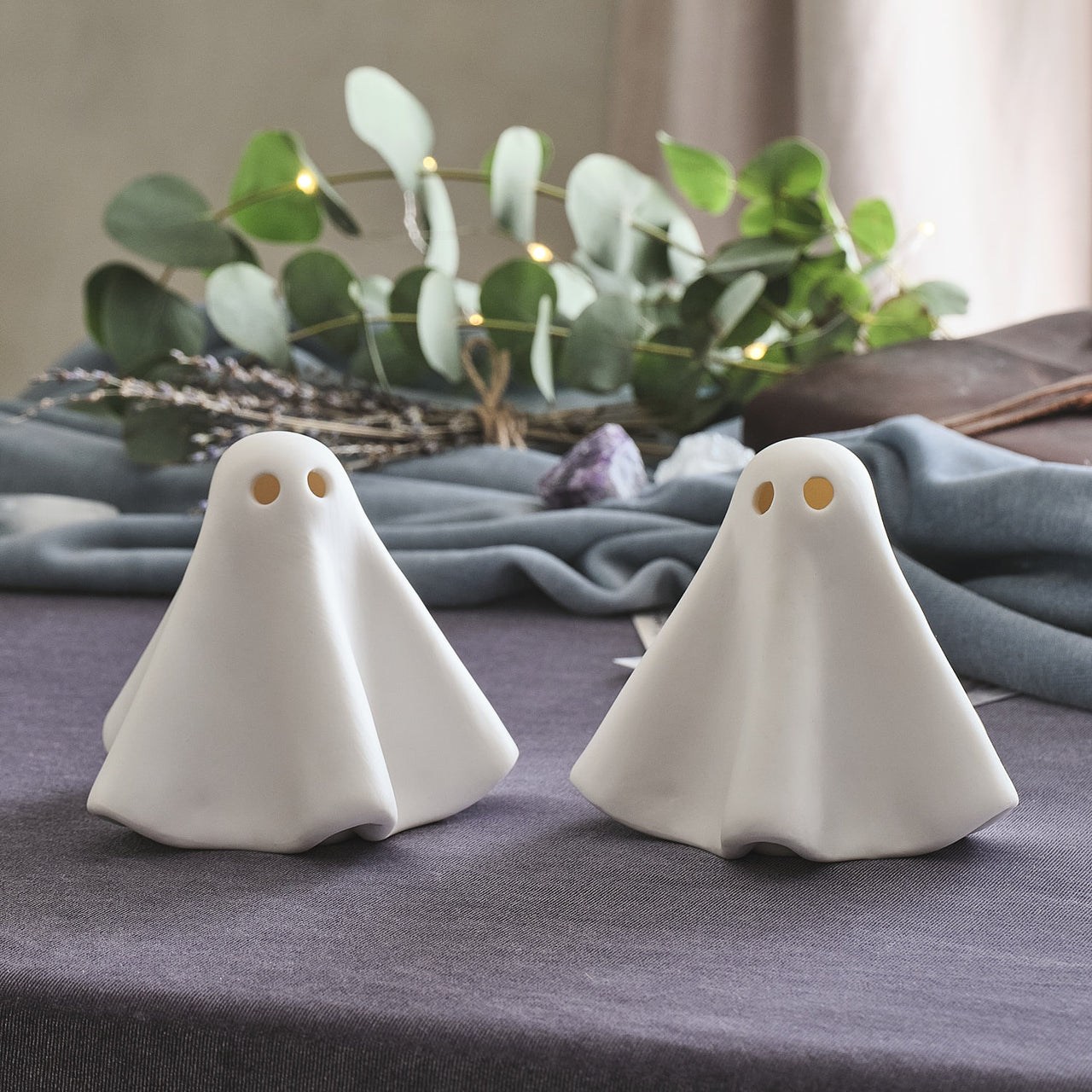 2er Set Gerald LED-Halloween-Geister aus Porzellan in Weiß unbeleuchtet