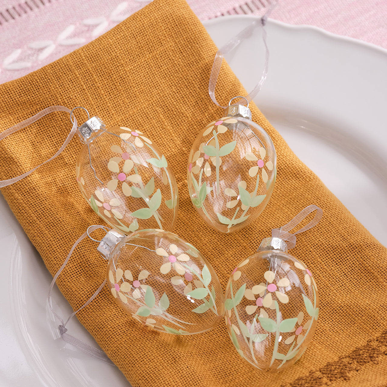 4er Set Glas-Ostereier mit Blumenmotiv zum Aufhängen