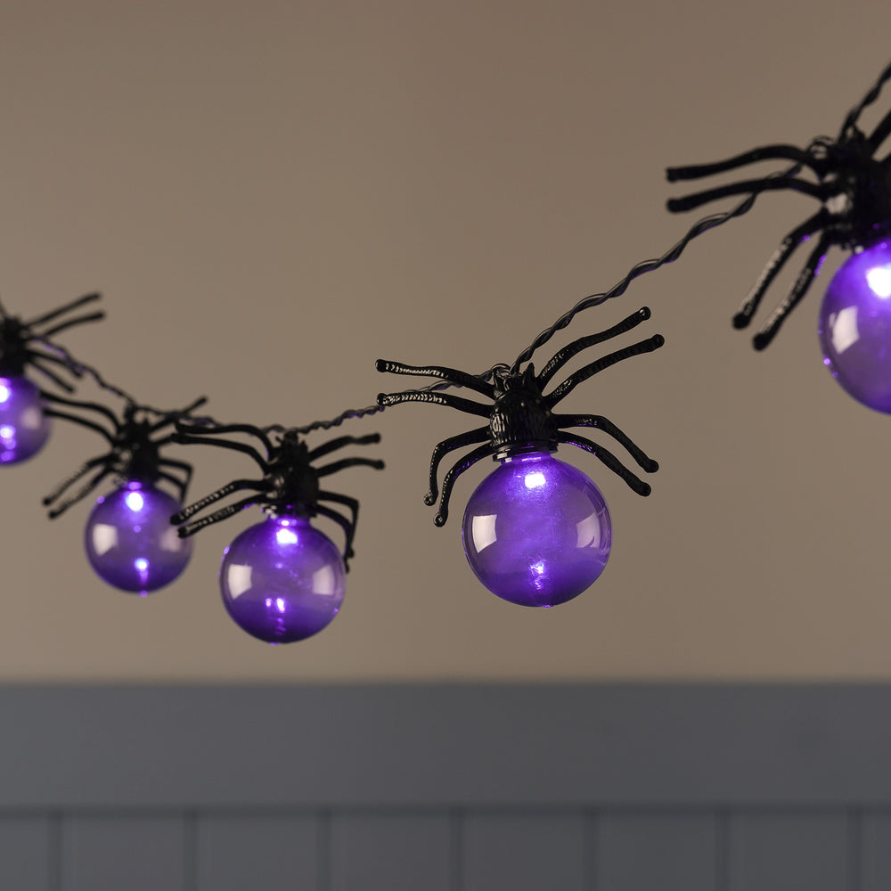 10er Spinnen lila LED-Lichterkette Halloween mit Timer eingeschaltet