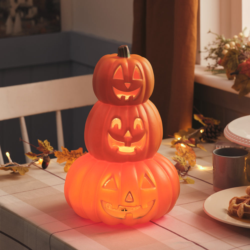 34cm Gestapelte Halloween LED-Kürbisdeko mit Timer für innen beleuchtet