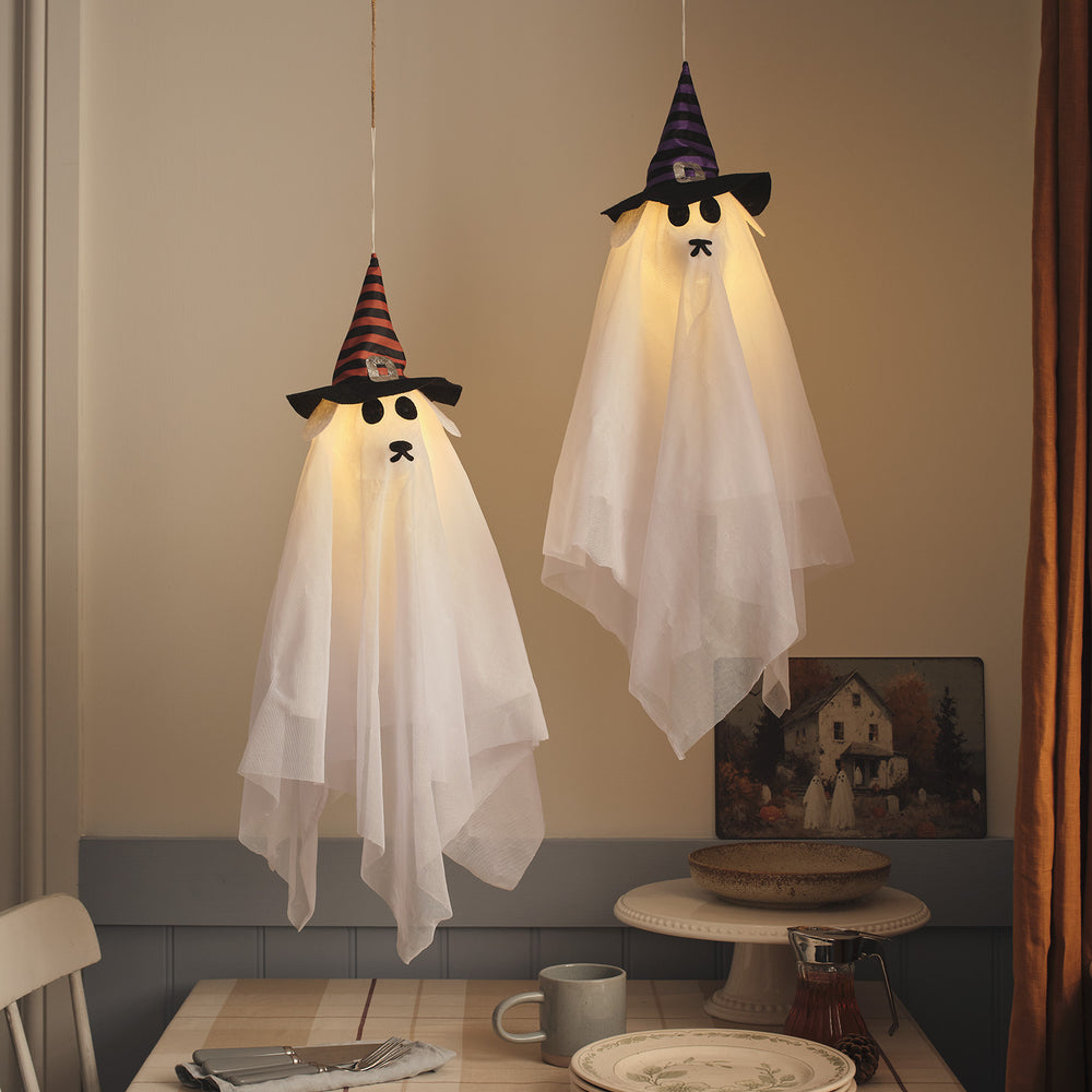 2er Set LED Halloween Hängedeko Geisterhunde mit Timer beleuchtet am Tag