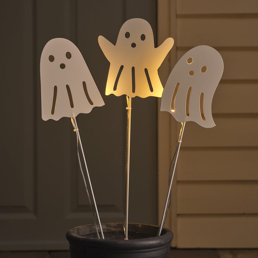 3er Set LED-Halloween-Gartenstecker Geister mit Timer