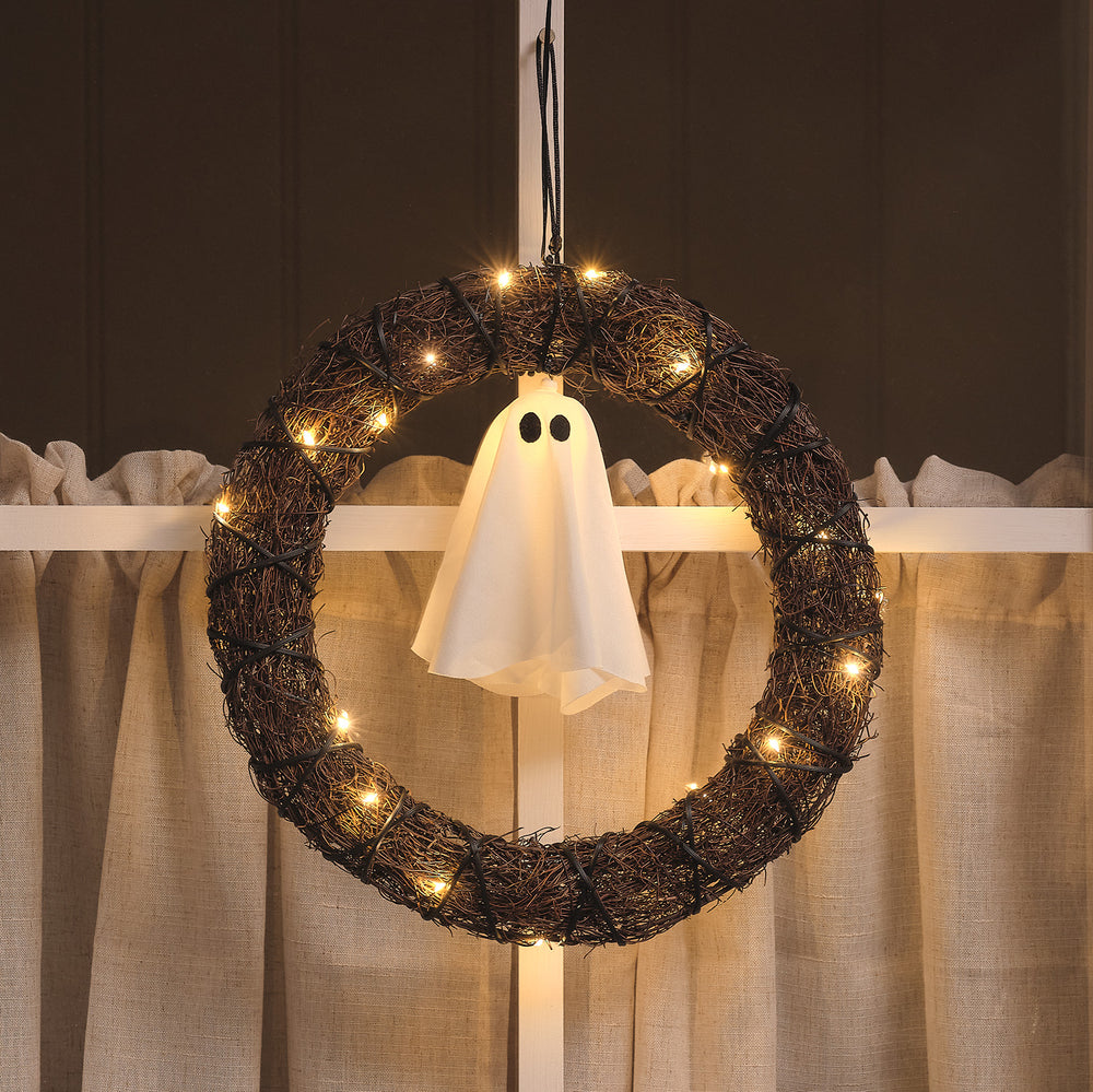 30 cm LED-Halloween-Türkranz mit Geist für den Außenbereich Closeup