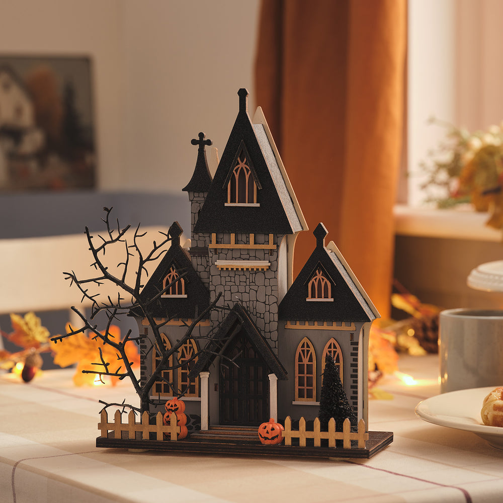 LED Halloween Haus aus Holz mit 6-Stunden-Timer unbeleuchtet