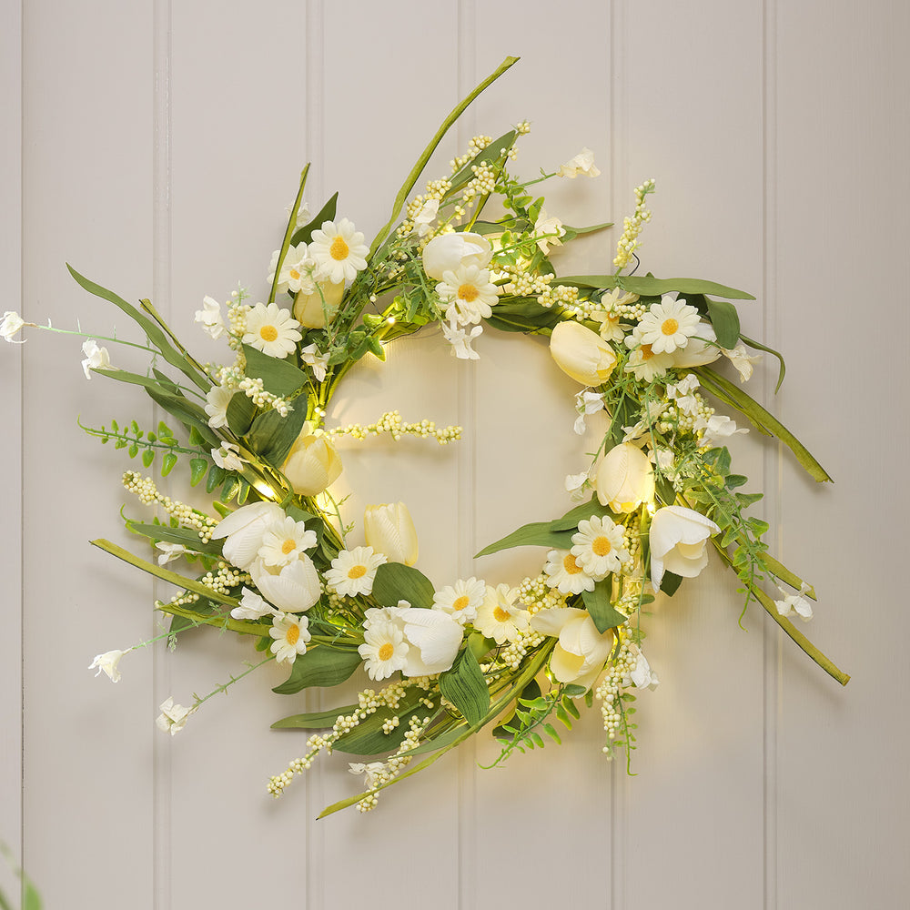45cm LED‑Frühlingskranz mit Tulpen & Gänseblümchen in Gelb