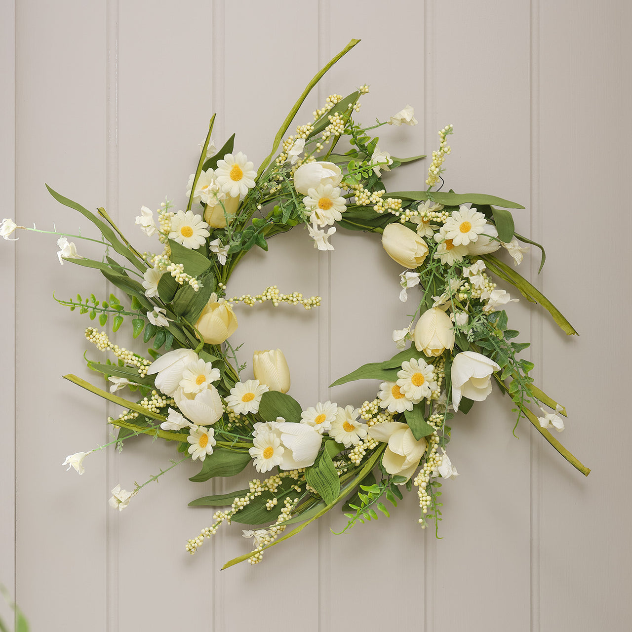45cm LED‑Frühlingskranz mit Tulpen & Gänseblümchen in Gelb