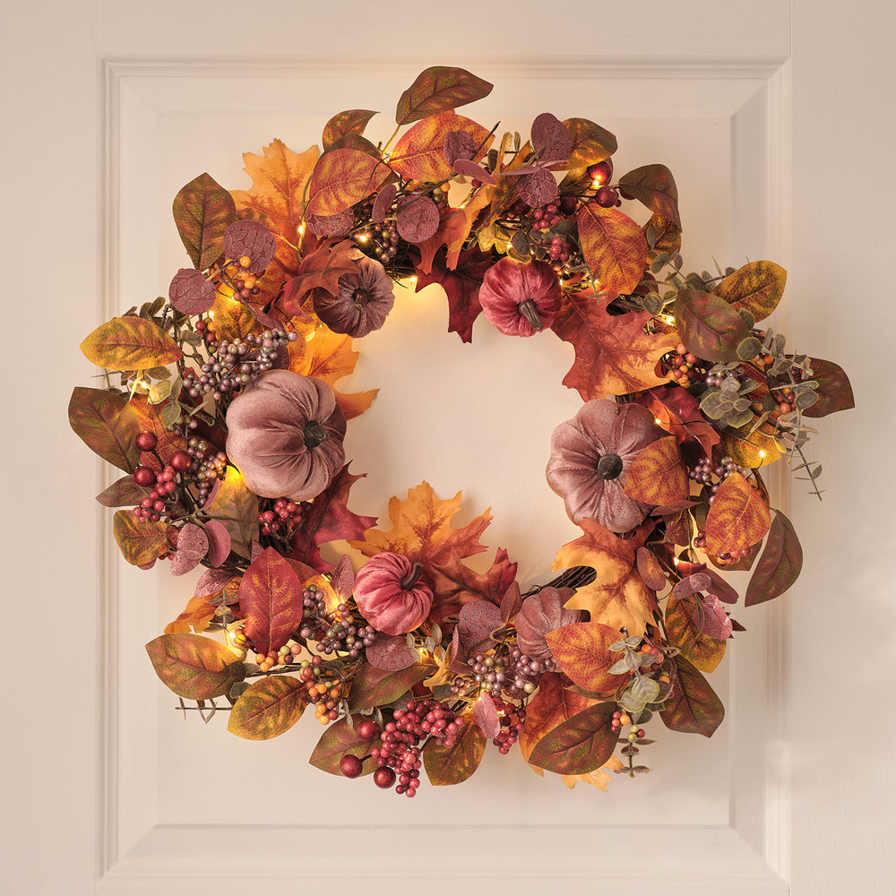 40 cm LED-Herbstkranz mit Samt-Kürbissen in Violett/Grün/Rot/Gelb