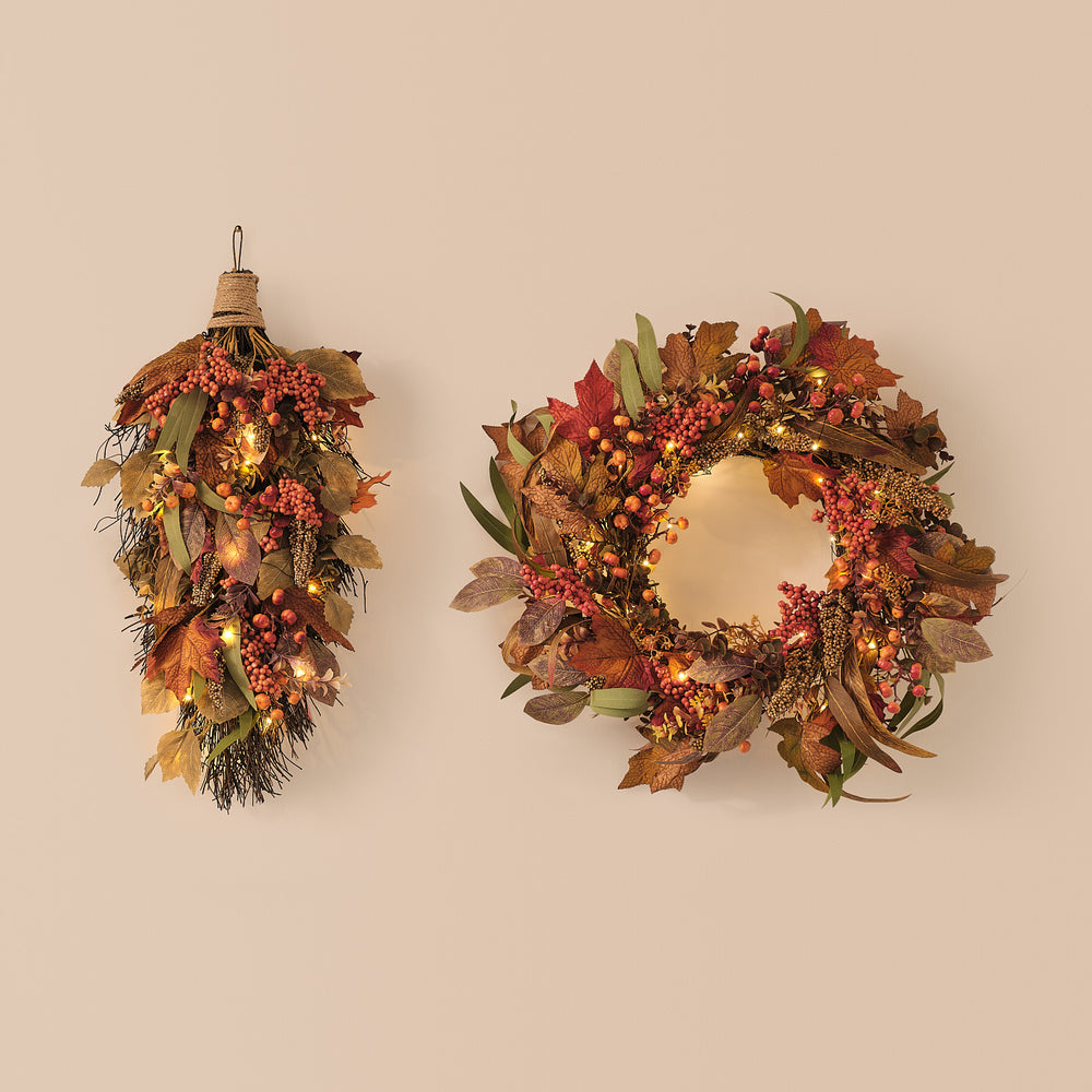 60 cm LED-Herbstkranz-Set mit Timer und LED-Herbstzweig