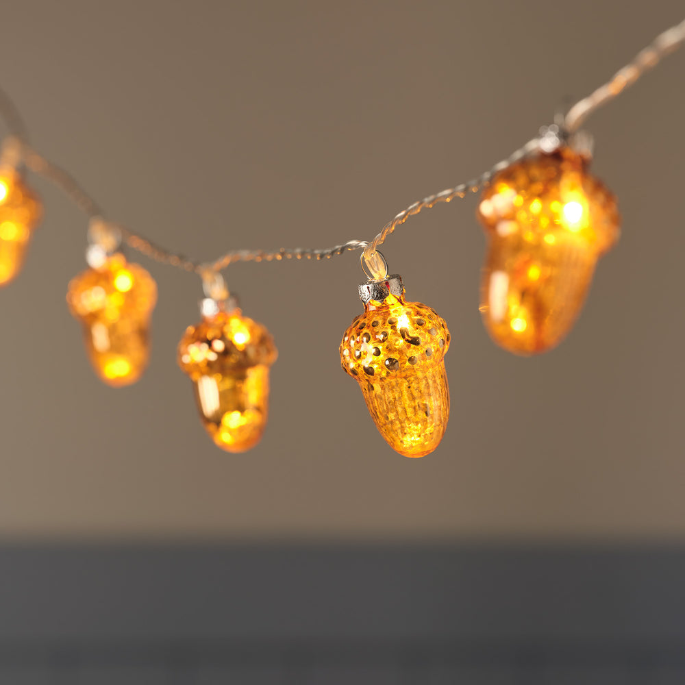 10er LED-Lichterkette mit Glas-Eicheln & Timer in Bernstein & Warmweiß