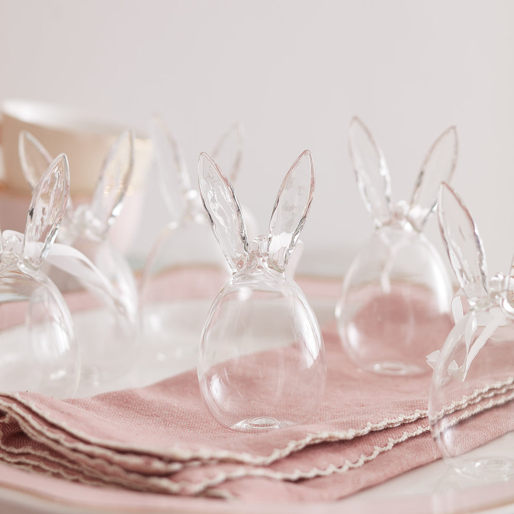 6er Set Ostereier mit Hasenohren aus Glas transparent